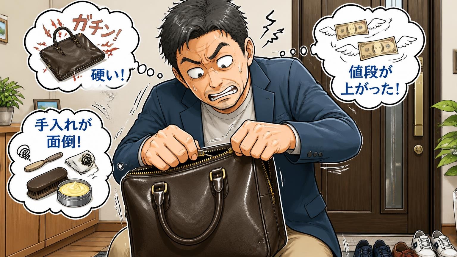 悪い評判|「硬い」「手入れが面倒」「値段が上がった」という声、自宅の玄関で新品の硬い革バッグを開けようとして苦戦する40代男性1人の困り顔の場面