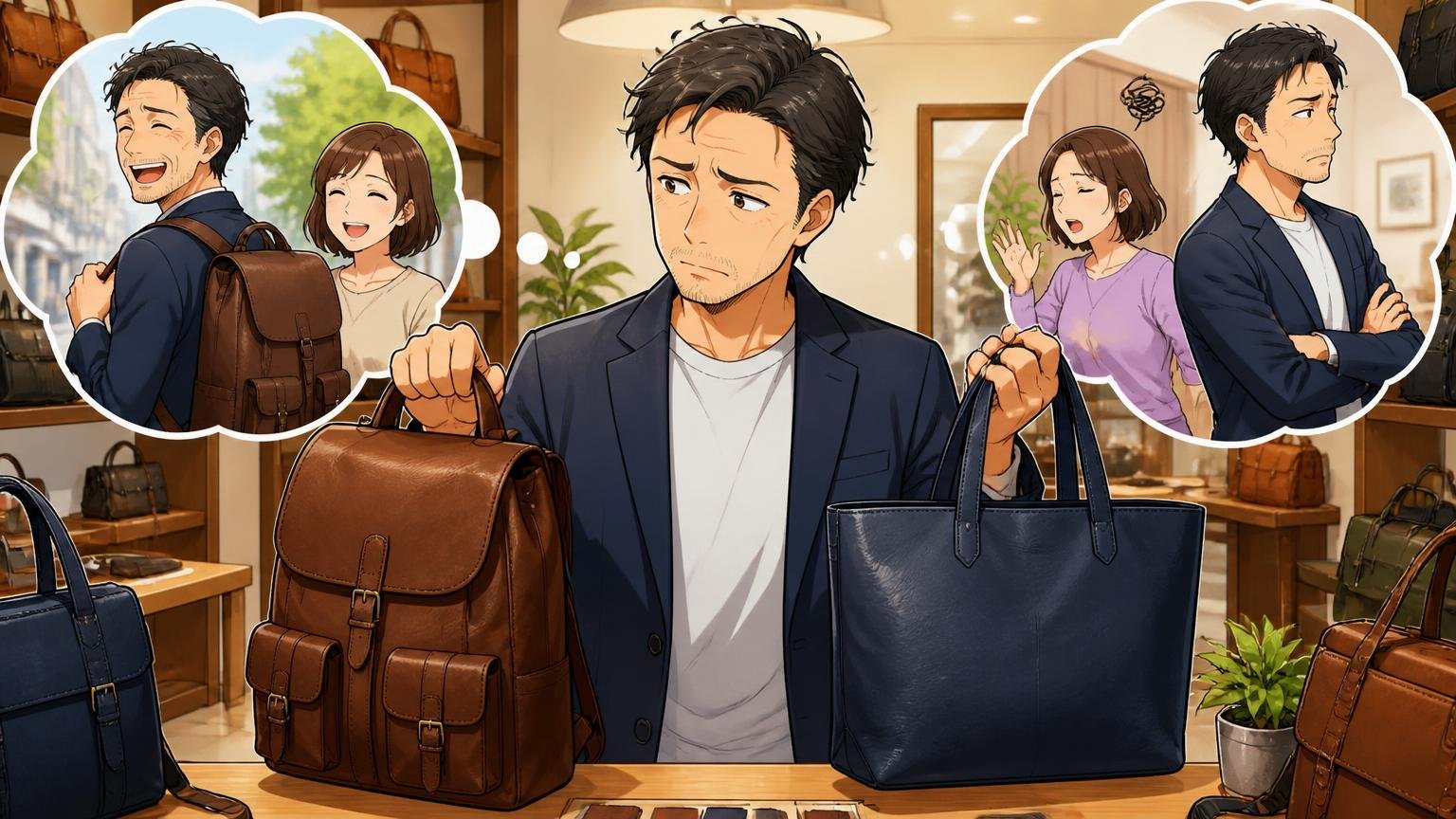 ひと言でまとめると「合う人には長く付き合える、合わない人には別の選択肢がある」|ショップの店頭で40代男性が革のリュックとトートを両手に持ち迷う場面