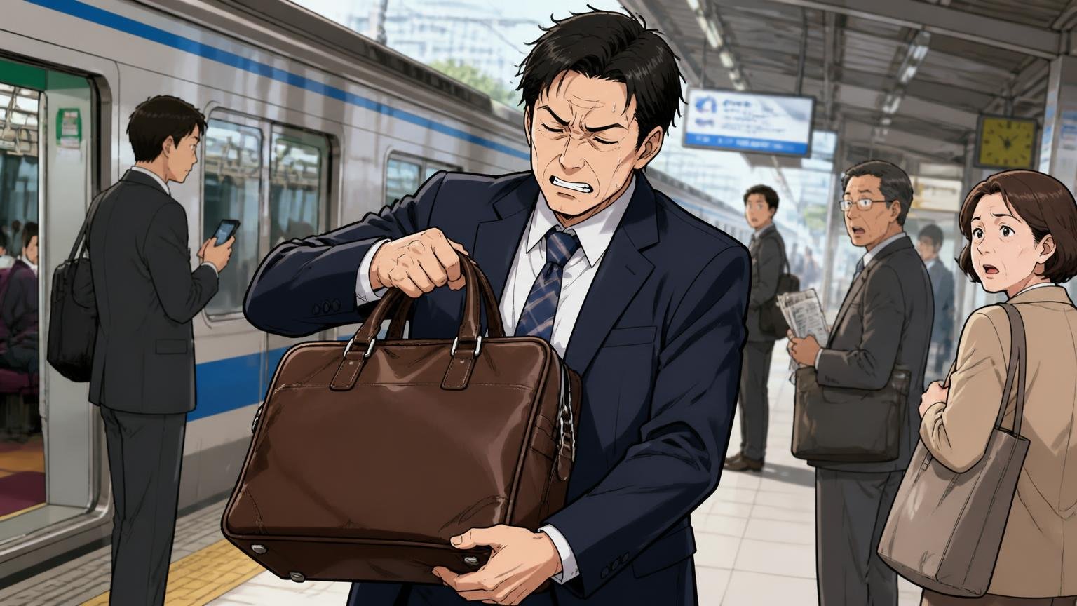 悪い評判の傾向は「重さ・価格・個体差・宣伝の印象」 駅のホームで重い革のビジネスバッグを持ち替える40代男性1人が顔をしかめる場面