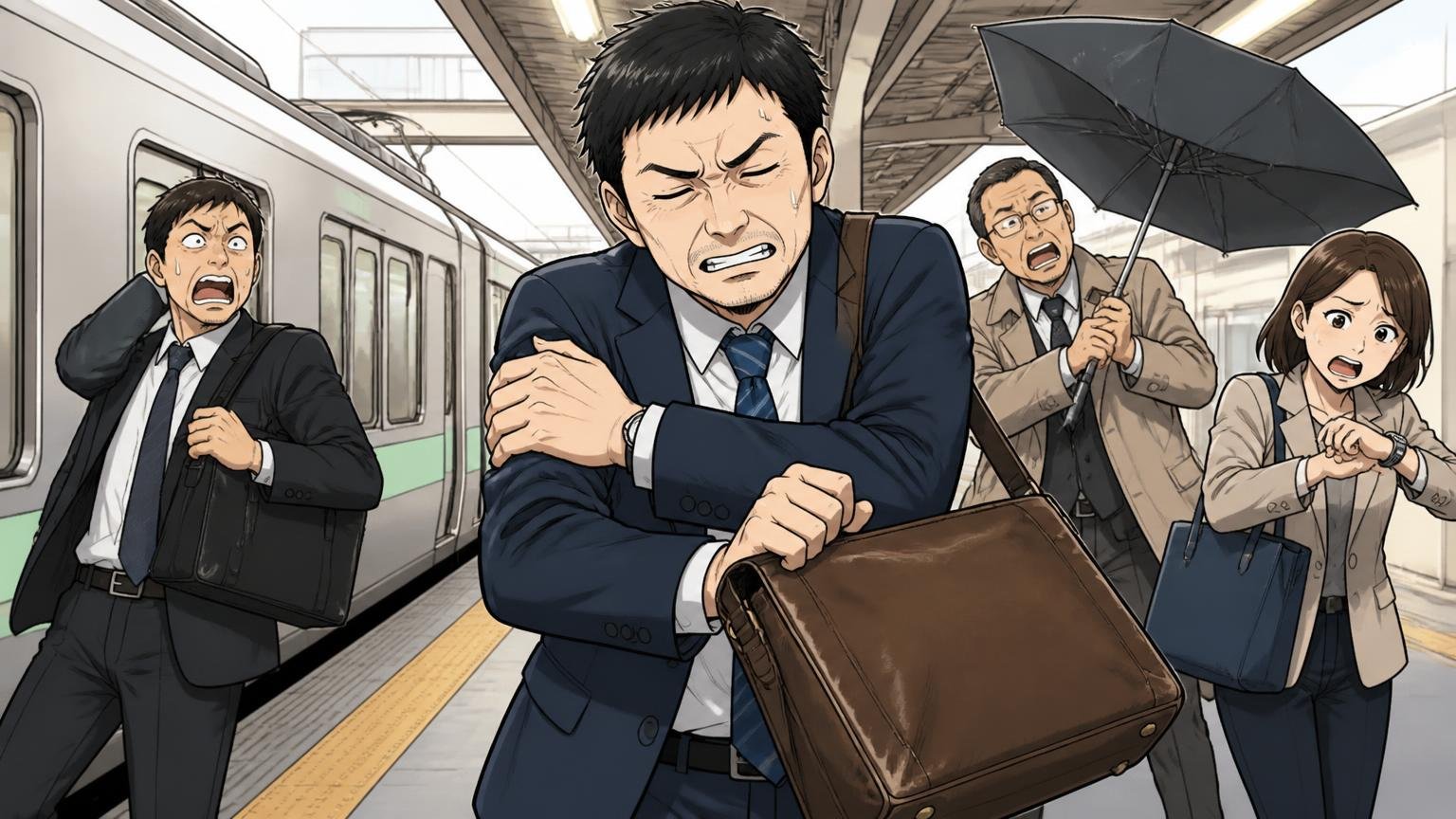 気になる評判の結論は「重い・硬い・雨・すぐ買えない」の4つ 通勤電車のホームで重い革バッグを持ち替える場面 40代男性1人が腕をさすって苦笑い