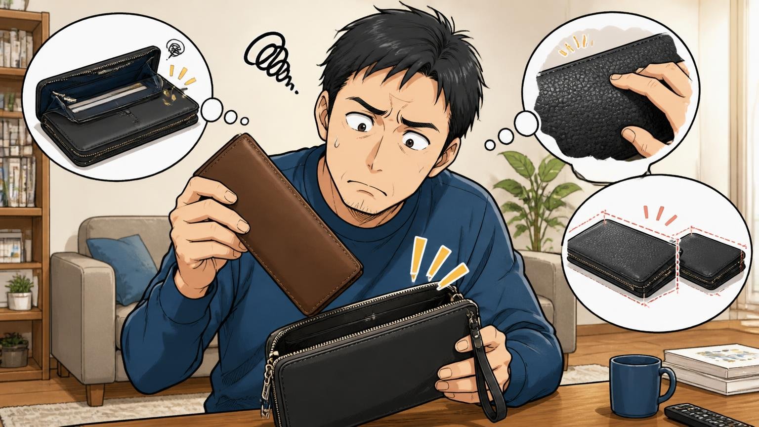 気になる評判｜収納の少なさ・届いたときの手ざわり・個体差 自宅のリビングで長財布がクラッチに入らず困る40代男性1人が首をかしげる
