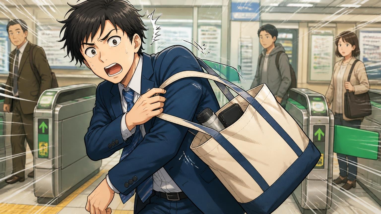 悪い口コミで多いのは「肩からずり落ちる」「ポケットが少ない」「持ち手や付属品が不安」、改札前で肩からずり落ちるトートを慌てて押さえる男性1人