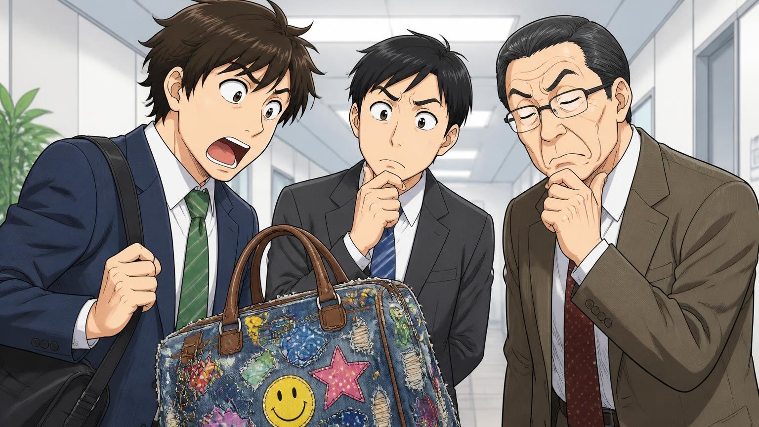 「ダサい」と思っているのは誰か?見る人によって評価は分かれる 社内の廊下で同僚と部下と年上の取引先の3人が通りすがりにバッグへ目をやる場面