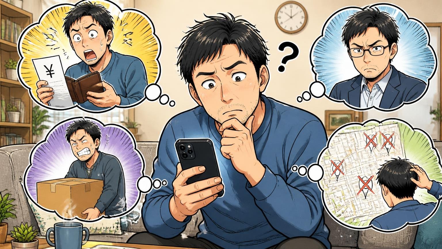 気になる評判のまとめ|高い・重い・堅い・買える場所が少ない、自宅のリビングでスマホの口コミを見ながら首をかしげる40代男性1人