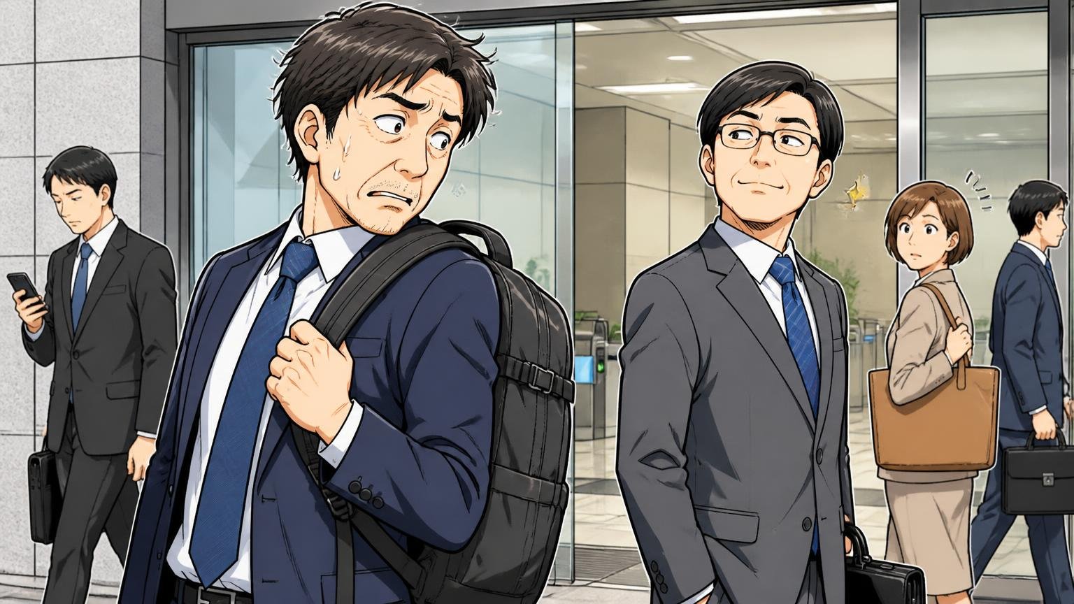 「ダサい」と言われるのは、持つ人と場面がずれたとき、オフィスの入り口でリュックを背負った40代男性がスーツ姿の同僚と自分を見比べる場面