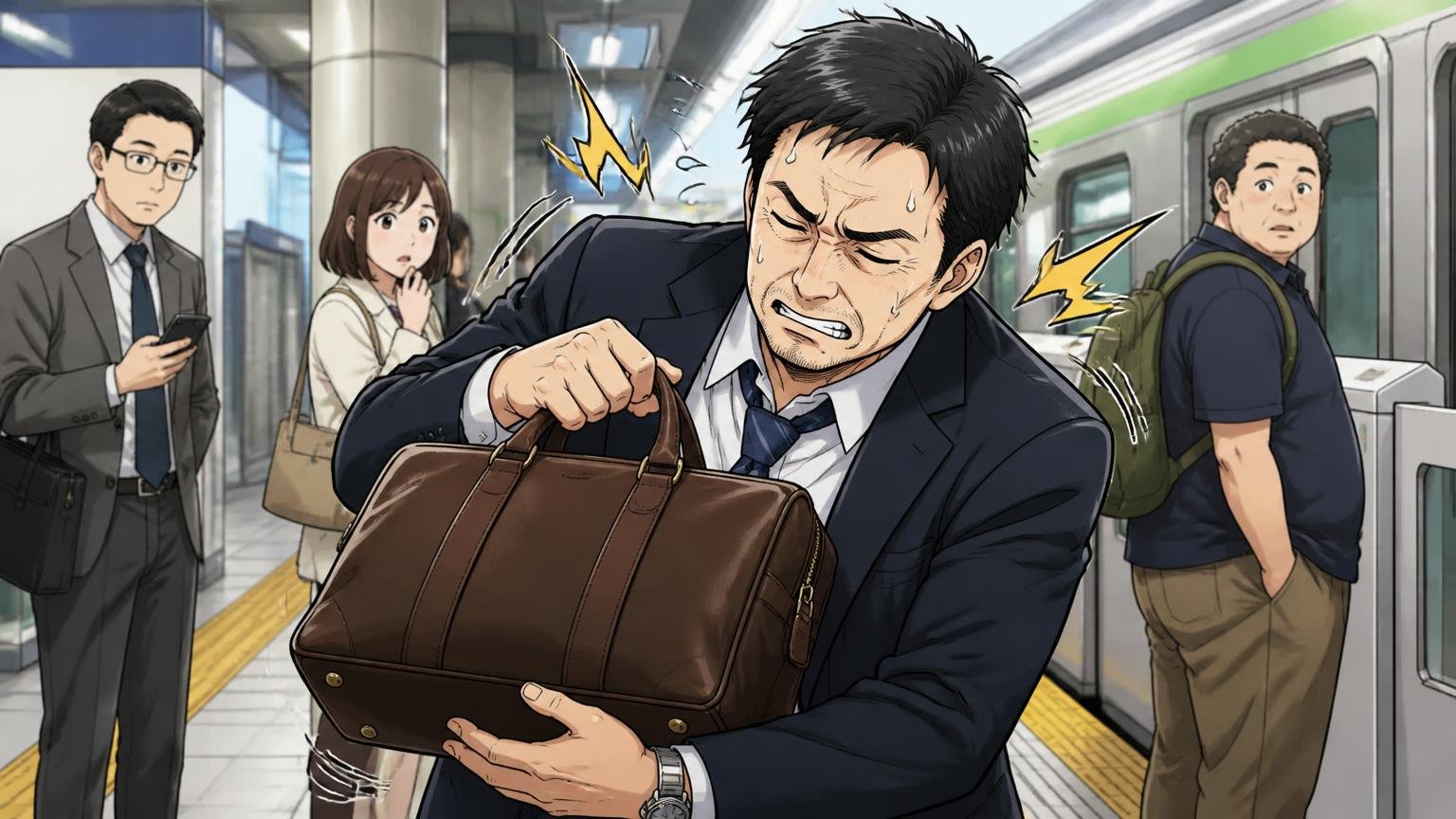 気になる評判は重さ・価格・容量。通勤電車のホームで重そうな革のビジネスバッグを持ち直す40代男性1人