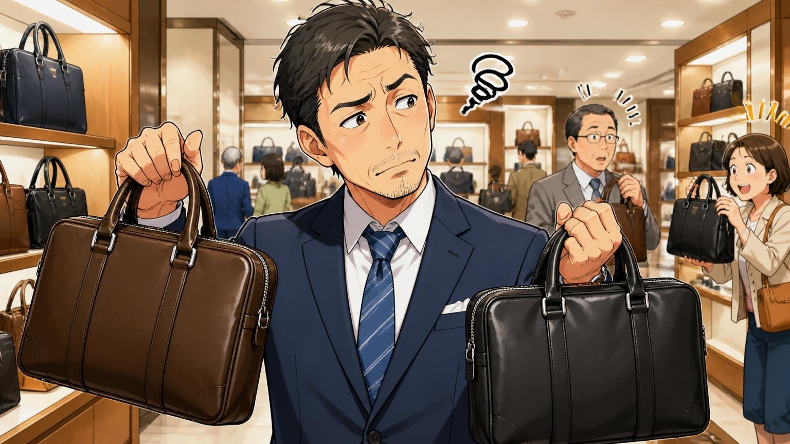 評価が分かれる3つのポイント 百貨店の鞄売り場で革のビジネスバッグを手に持ち重さを比べる40代男性1人が首をかしげる場面
