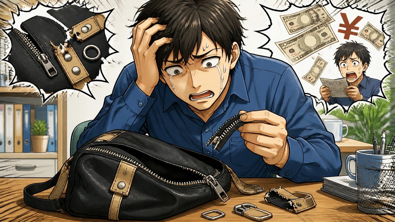 悪い評判は「ファスナー・金具・合皮パーツ」と「修理費」に集中している。オフィスのデスクで外れたファスナーを見つめ頭を抱える男性1人