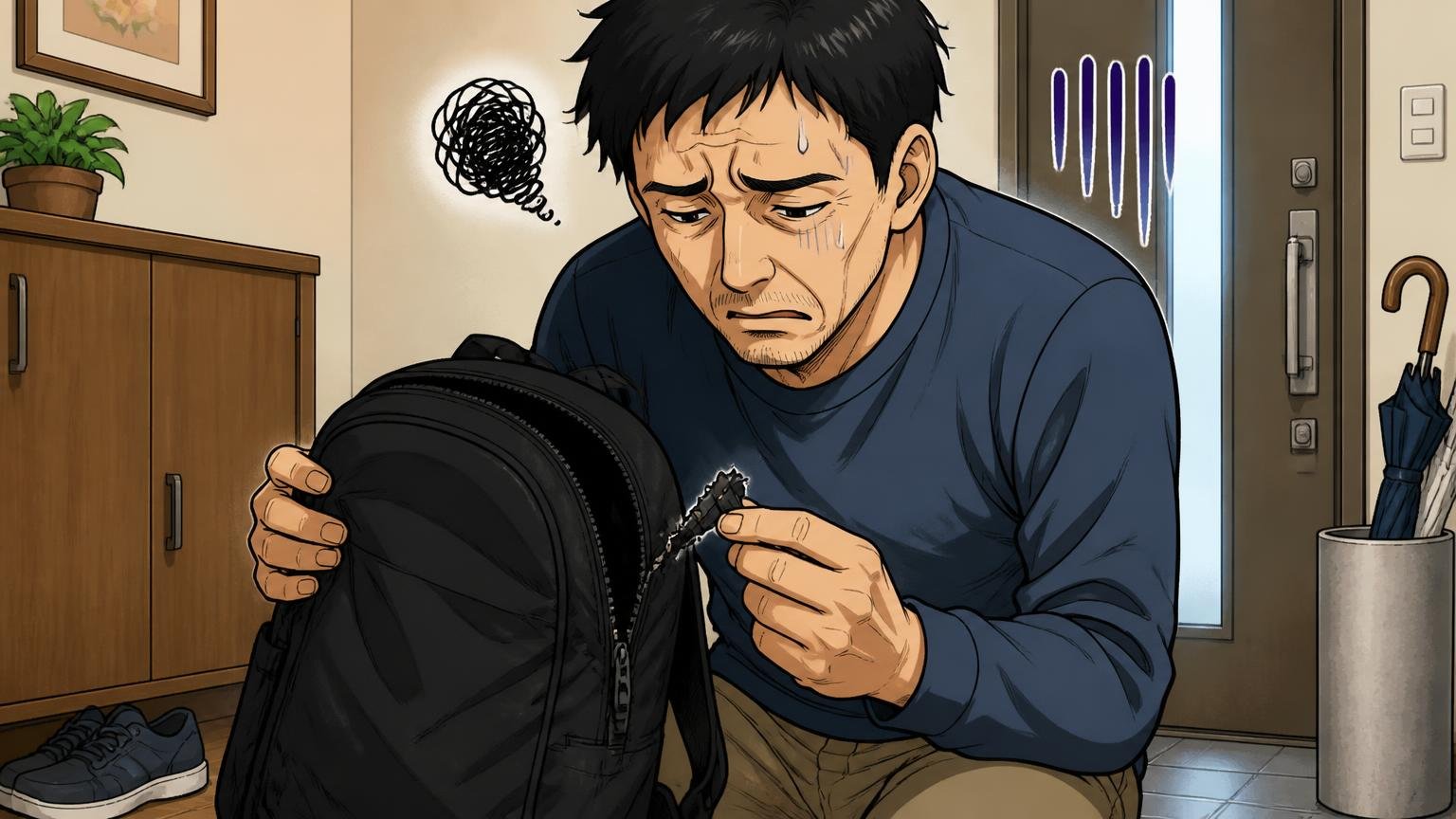 悪い評判:ファスナーの故障と「保証は無いに等しい」という不満自宅の玄関でファスナーが壊れたリュックを手にした40代男性1人が肩を落とす場面