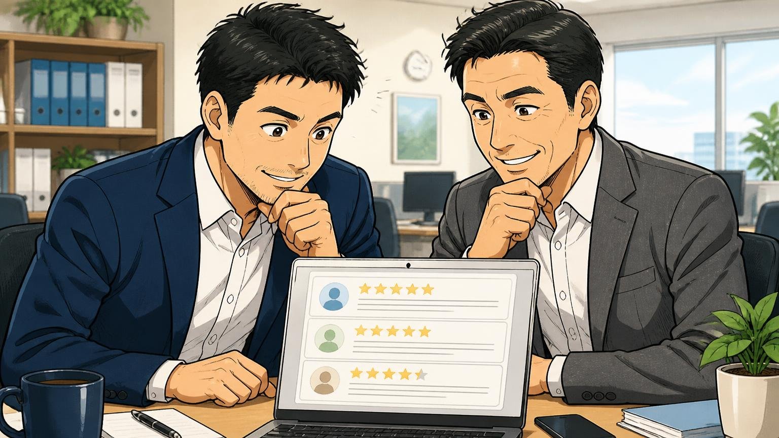 口コミにも30代後半男性やビジネス用の声が並ぶ｜オフィスのデスクで口コミを読む30代男性と40代男性の2人がうなずき合う場面