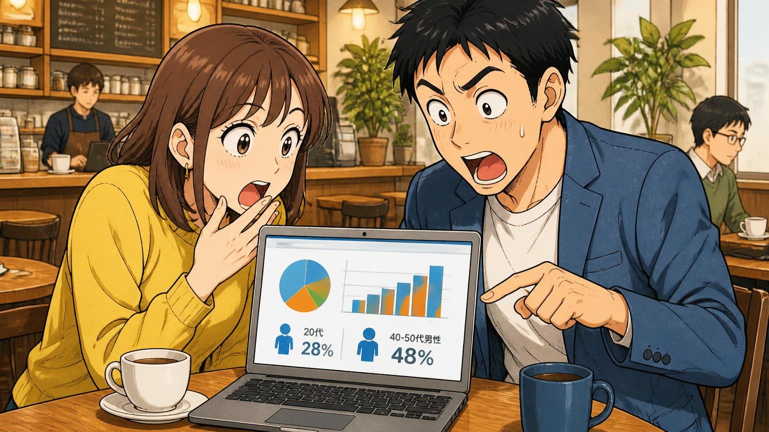 コーデ投稿は20代、楽天レビューは40〜50代男性が約半数 カフェのテーブルでノートPCの数字を見比べる場面 男女2人が驚く