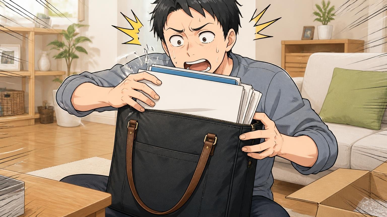 悪い評判｜「マチが薄い」「色が写真と違う」「PCポケットが惜しい」 自宅のリビングで届いたトートにA4書類を入れ、口が閉まらず困る男性1人