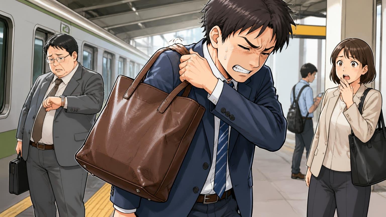 悪い口コミに多いのは「重い・柔らかすぎる・作りのばらつき」 通勤駅のホームで重い革トートを肩にかけ直す男性が顔をしかめる場面
