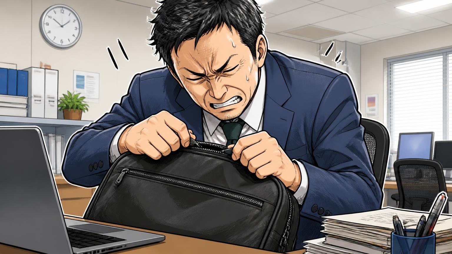 悪い口コミ|「ファスナーが硬い」「荷物が入らない」「40代には若い」オフィスのデスクでバッグのファスナーに苦戦する40代男性1人が顔をしかめる場面