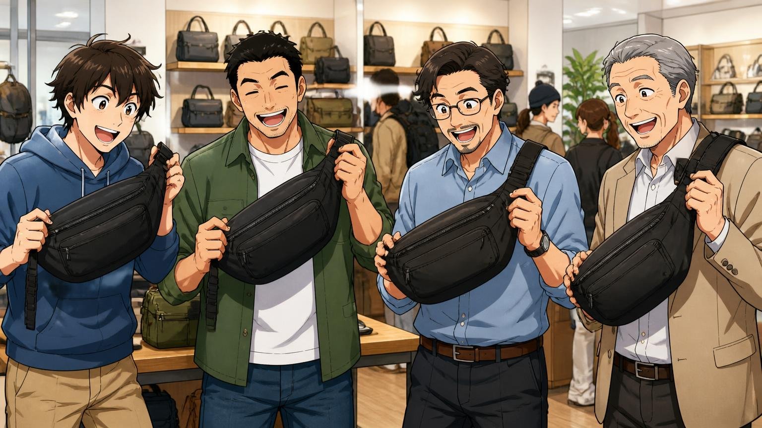 公式は「年齢」でターゲットを区切っていない　ショップの店内で20代から50代の男性4人がそれぞれ同じ型のバッグを手に取り笑顔を見せる場面