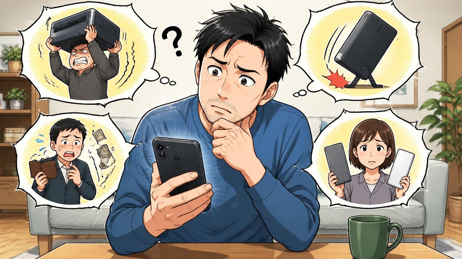 悪い口コミは重さ・価格・自立・色の4つ 自宅のリビングで40代男性がスマホの口コミを見て首をかしげる場面
