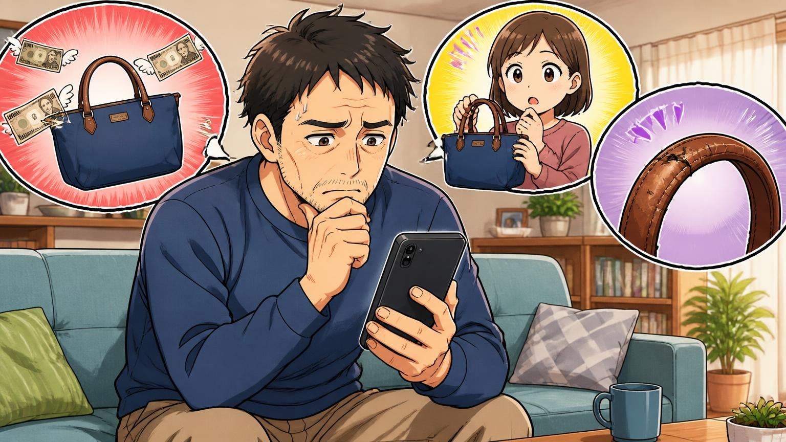 悪い評判：「値段の割に品質が…」「幼く見える」「持ち手が傷んだ」　自宅のリビングで40代男性がスマホの口コミを見ながら眉をひそめて悩む場面