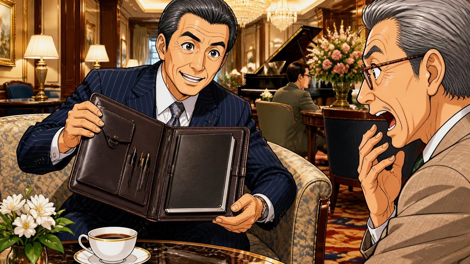 元首相と服飾評論家の愛用品はブライドルのノートブックケース、ホテルのラウンジで紳士が革のノートブックケースを開いて見せる場面