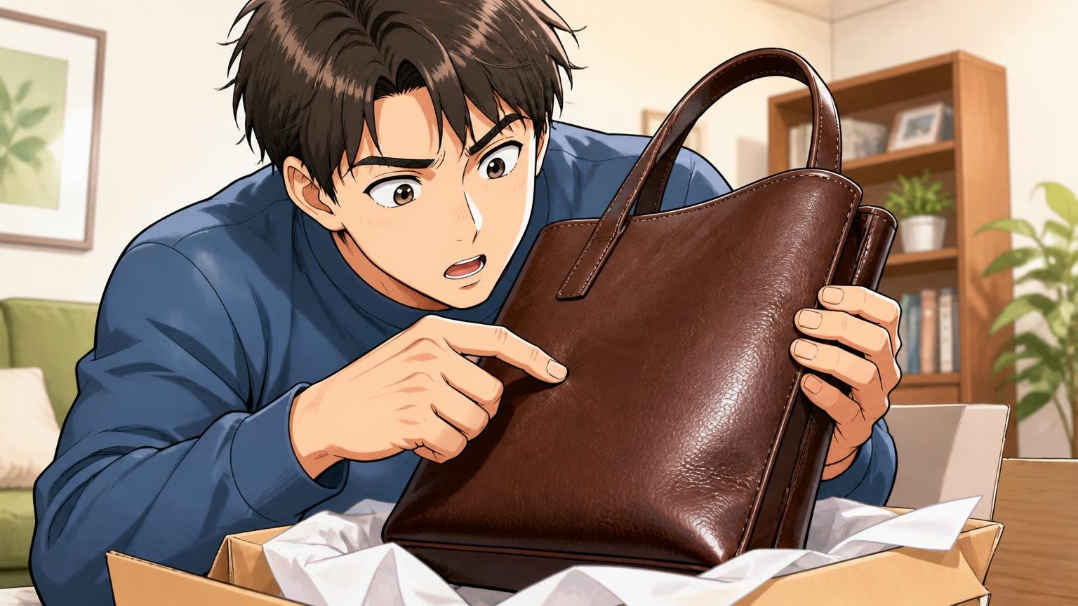 良い評判②革質と傷の付きにくさ、③自社生産への信頼。自宅のリビングで届いた革バッグの表面を爪で軽く押して確かめる30代男性1人