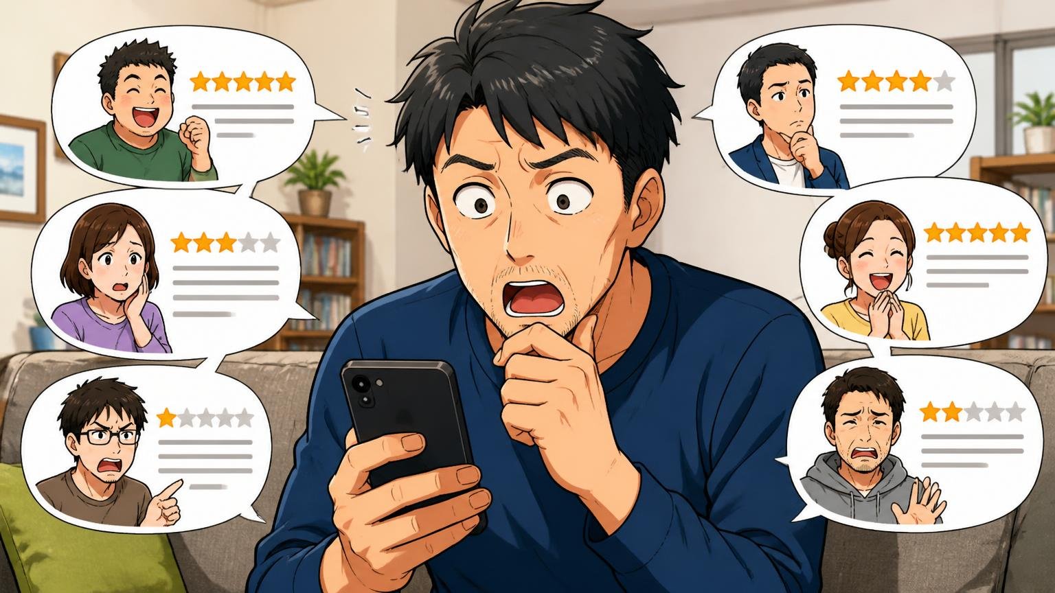 口コミ30件から見えた評判の全体像 自宅のリビングでスマホの口コミを読み比べる40代男性1人が驚いた表情をする場面