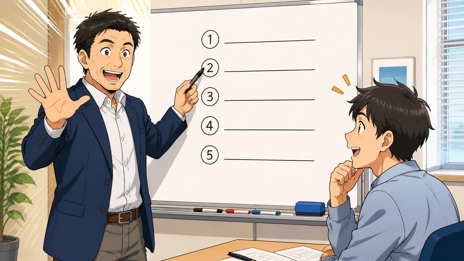 「お得」を決める5つの軸と、損をする人の共通点 オフィスの会議室でホワイトボードに5つの項目を書き出して説明する40代男性1人と頷く20代男性1人