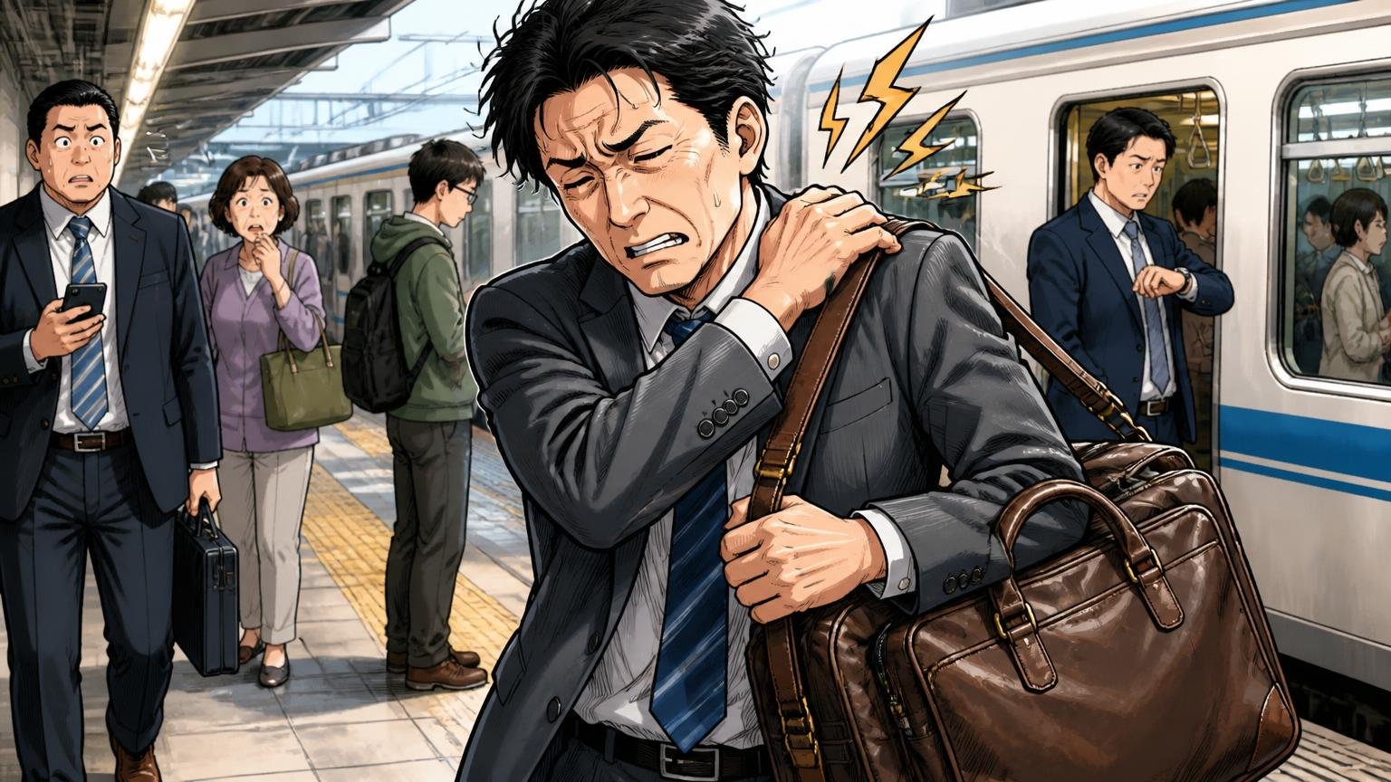 悪い評判:「高い・重い」と持ち手・サイズへの不満 駅のホームで重い革のビジネスバッグを持ち替えて肩をさする40代男性1人の場面