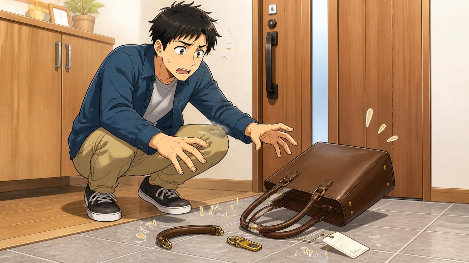 悪い評判は自立・持ち手・金具・値札の4つ。自宅の玄関で30代男性が荷物の少ない革バッグが倒れるのを見て困った顔をする場面