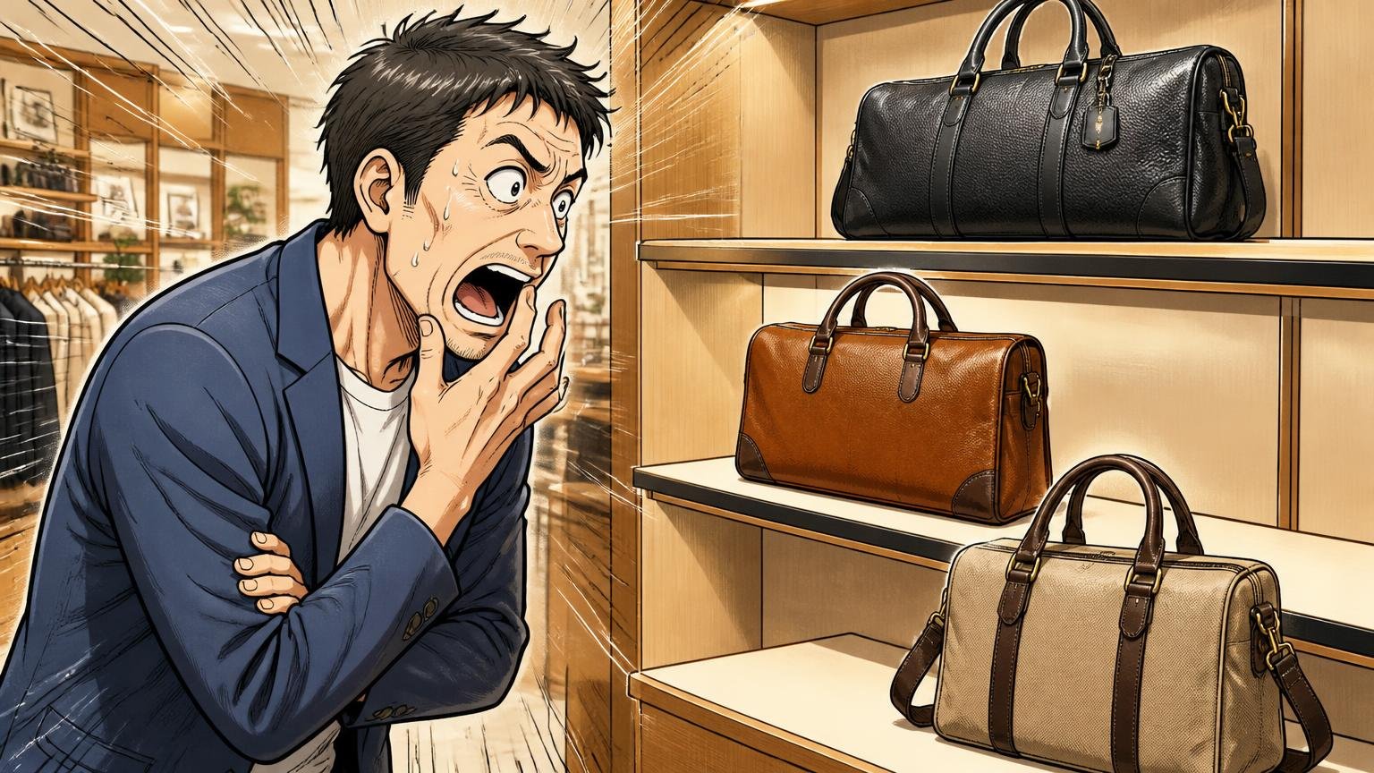 「ハミルトン」には素材も価格帯も違う3つの系統がある　売り場の棚の前で3種類のバッグを見比べて驚く40代男性1人