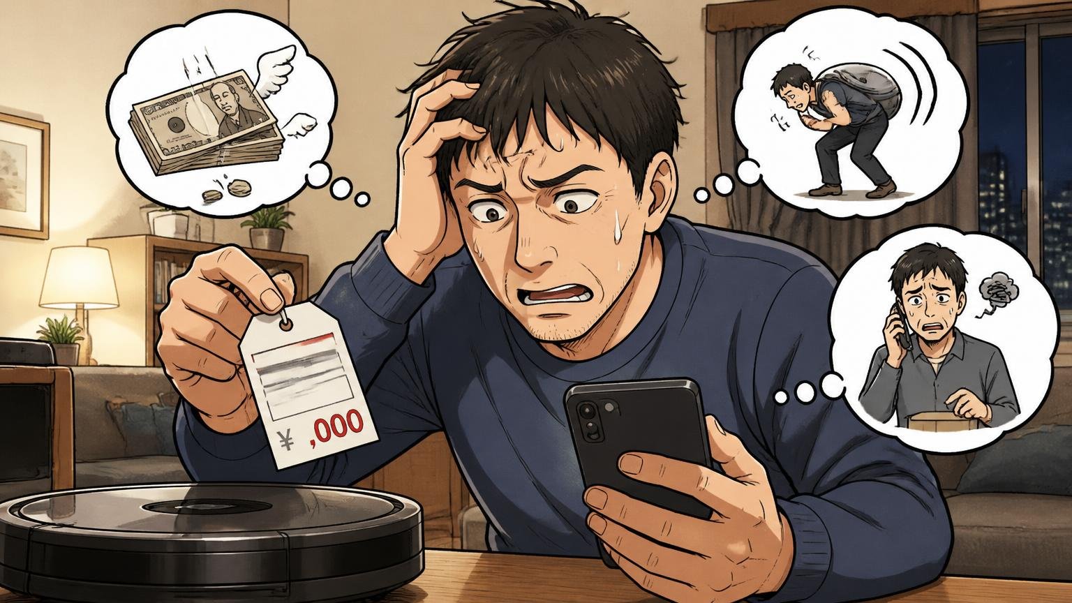 気になる口コミ：価格が高め・重く感じる・保証や修理の手間 夜のリビングで値札とスマホを見比べる40代男性1人が頭を抱える場面
