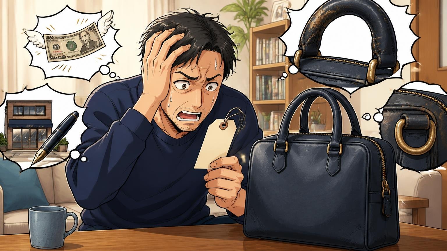 悪い評判:「割高」「万年筆屋の鞄」、持ち手や金具の消耗の声も。自宅のリビングで40代男性が値札とバッグを見比べて頭を抱える場面