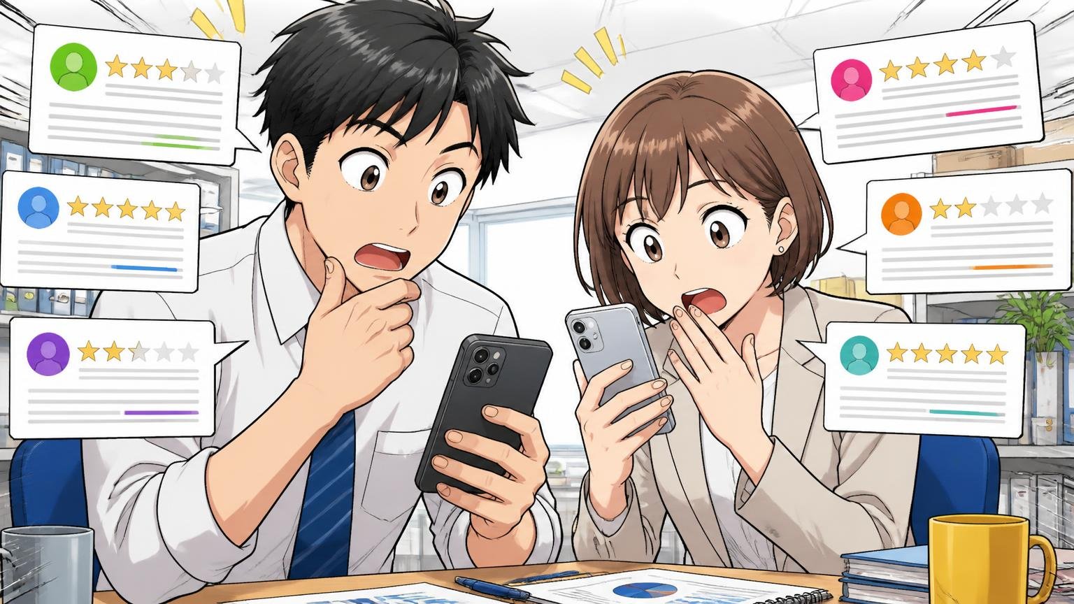 口コミから見えた評価の全体像 オフィスのデスクでスマホのレビューを読み比べる男女2人