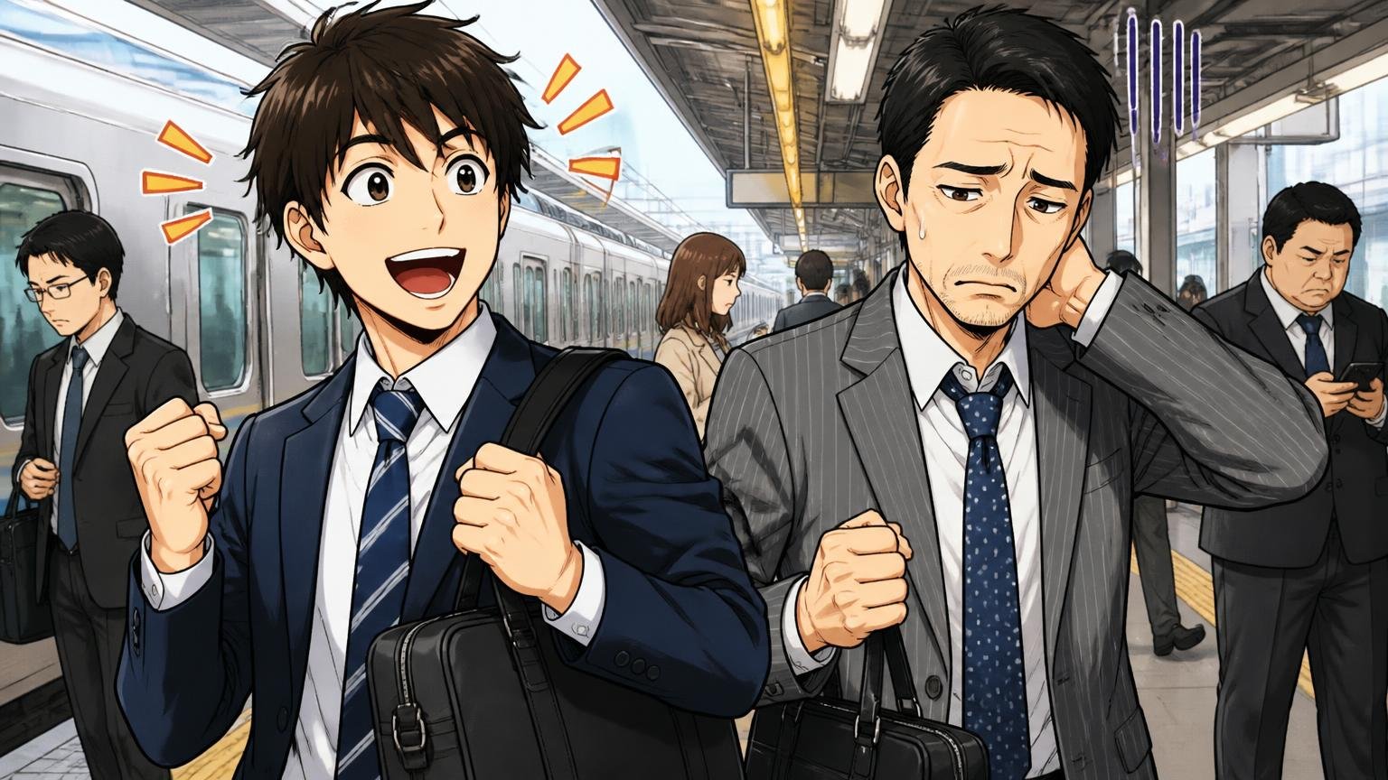 先に結論 向いている人と向いていない人 駅のホームで通勤バッグを持つ場面 20代男性と40代男性の2人が対照的な表情