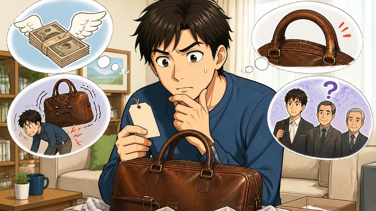気になる評判の結論:価格・重さ・持ち手の傷み・年齢イメージ 自宅のリビングで革のビジネスバッグの値札を見て考え込む男性