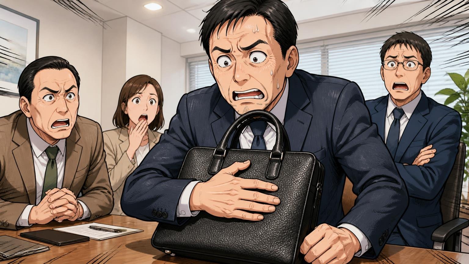 悪い口コミは「ロゴの主張」と「質感」で40代ほど厳しい オフィスの会議室で取引先を前にバッグのロゴを手で隠して焦る40代男性1人の場面