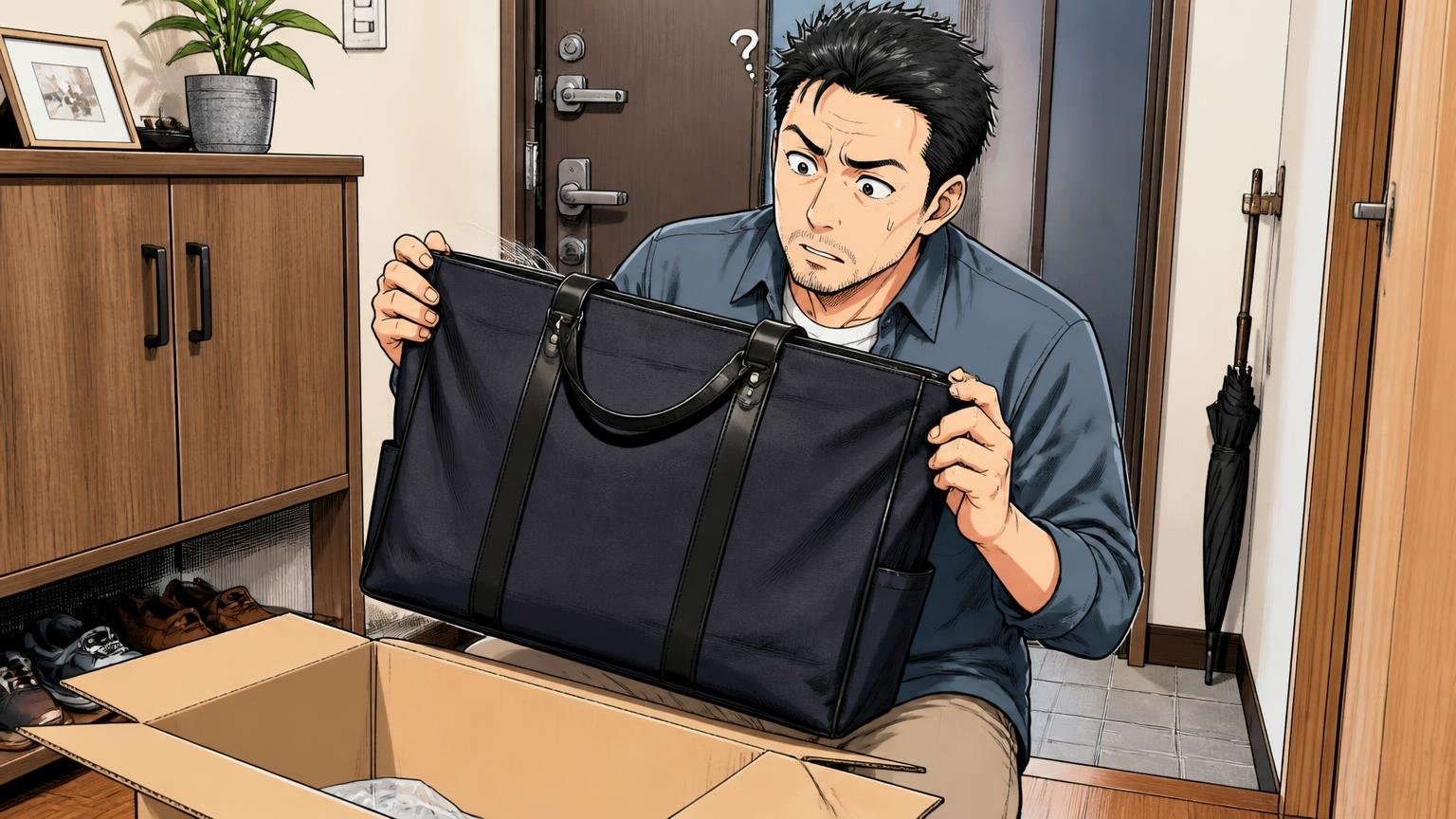 気になる評判は「サイズ感・自立・見た目の好み」。自宅の玄関で届いたバッグを広げて大きさに首をかしげる40代男性1人の場面