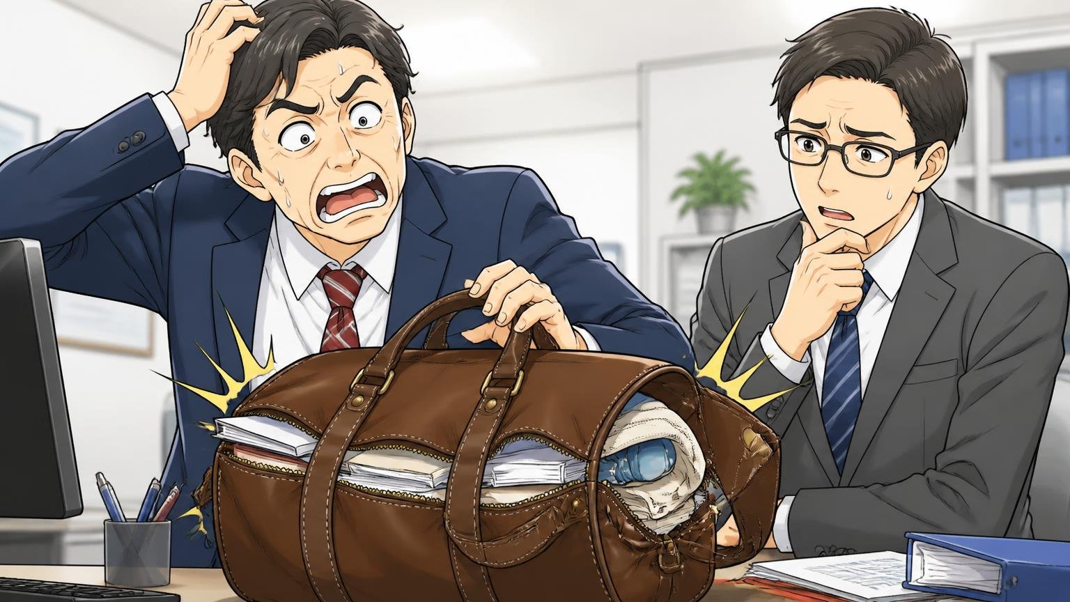 気になる評判は「素材感」「肩掛けと詰め込み」「金具と持ち手」 オフィスのデスク脇で荷物を詰め込みすぎた革バッグを見て困る40代男性1人と同僚1人