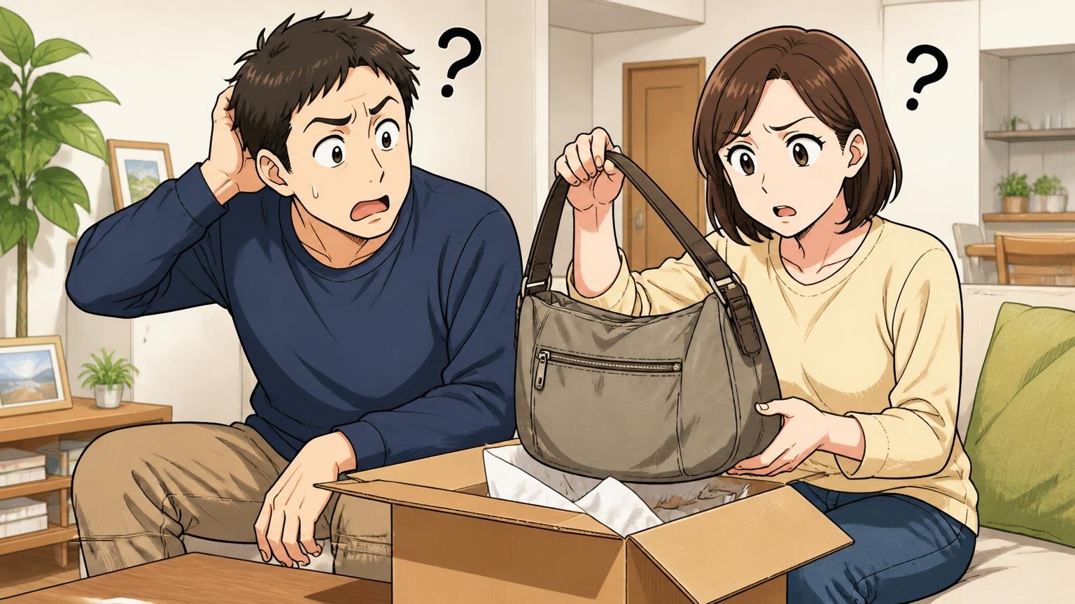 気になる評判は「思っていたのと違った」「使う機会がない」自宅リビングで届いた箱からバッグを出し首をかしげる夫婦2人の場面