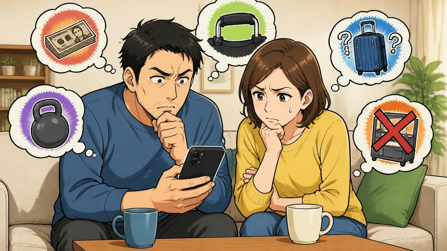 気になる口コミで多いのは「価格・重さ・持ち手・個体差・品切れ」、自宅のリビングでスマホのレビューを読む40代男性と妻が眉を寄せて考え込む場面