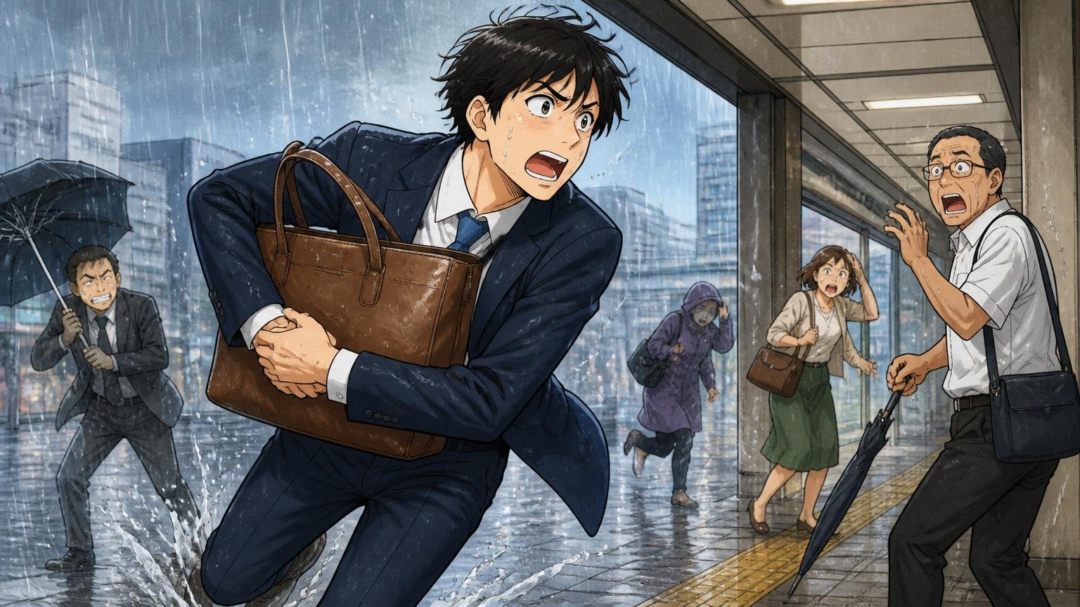 悪い評判は重さ・雨・ポケット・価格の4つ、雨の駅前で30代男性が革トートを抱えて慌てて屋根の下へ走る場面