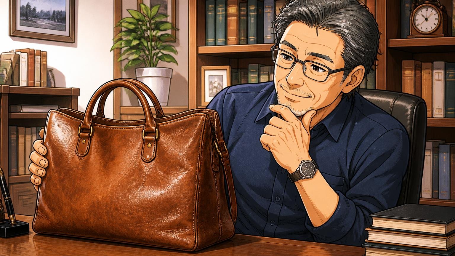 良い評判②長く使える安心感 書斎で飴色に育った革バッグを眺めてうなずく50代男性1人