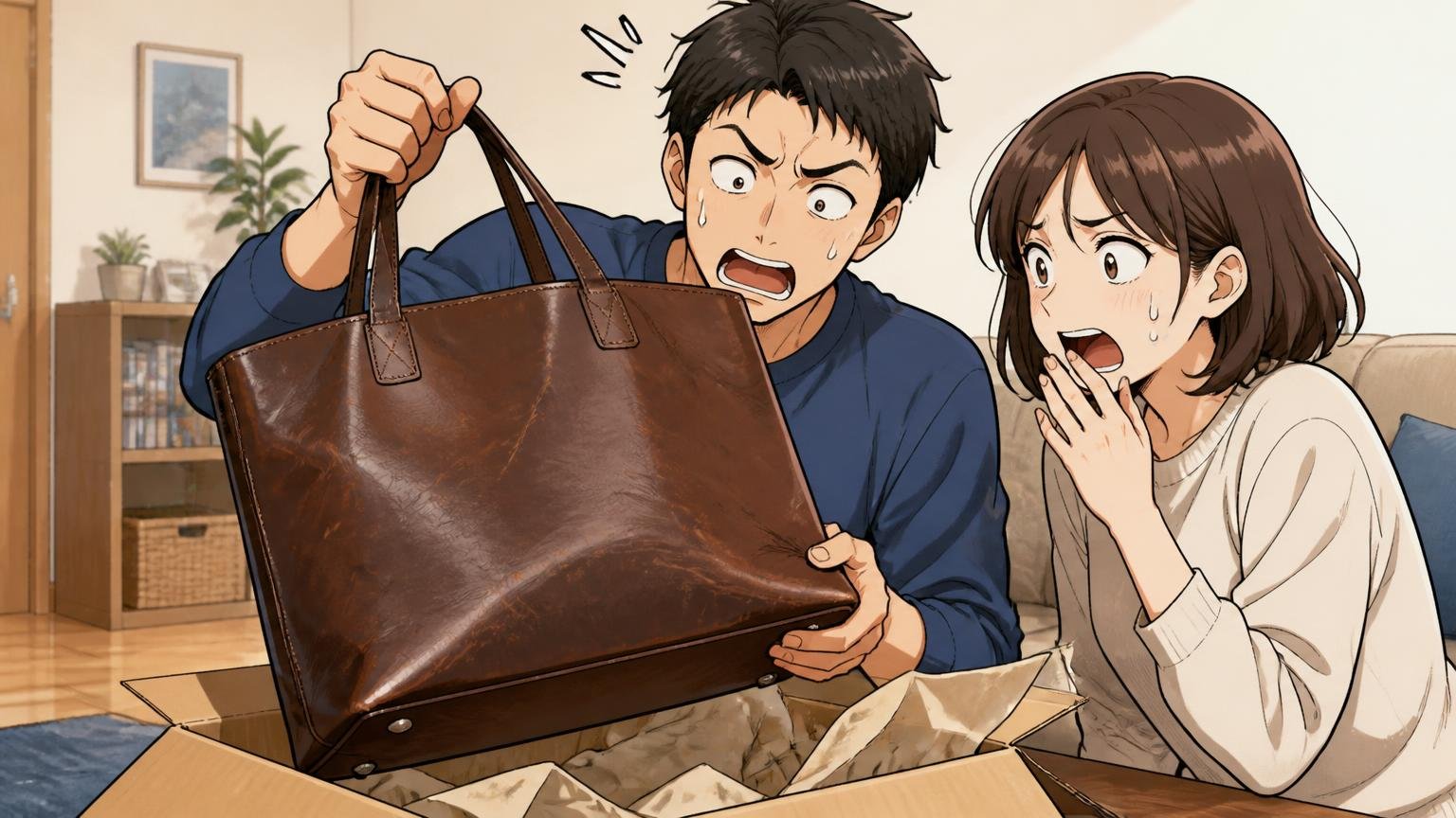 悪い評判|「重い」「キズがあった」「思ったより地味」という声もある 自宅のリビングで届いた革のトートバッグを持ち上げて驚く夫婦2人