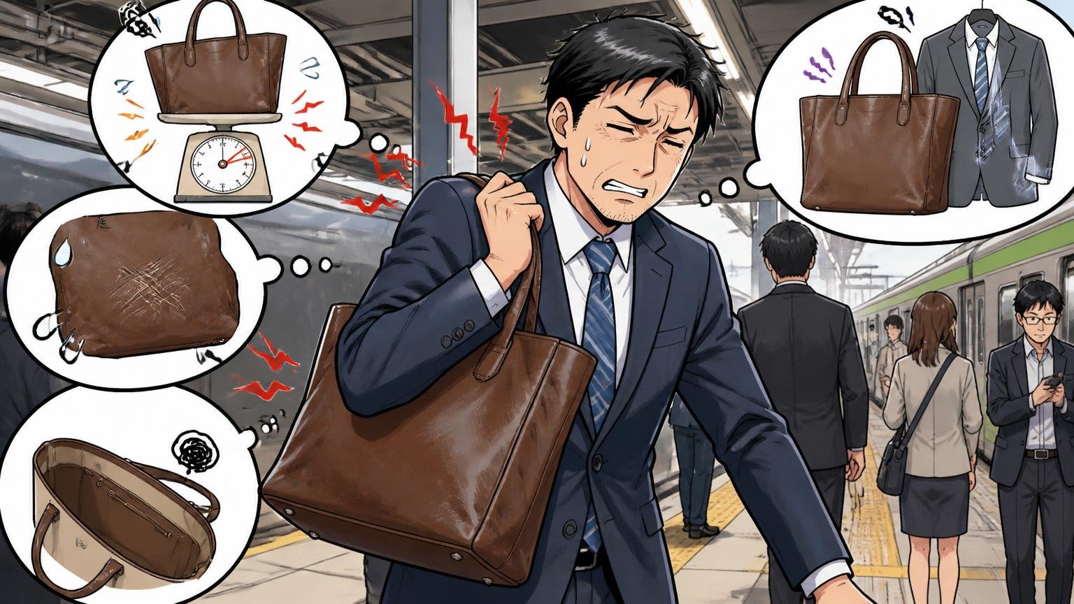 気になる評判は「重い」「傷がつきやすい」「収納がシンプル」「スーツに合わせにくい」、通勤駅のホームで重い革トートを肩にかけ顔をしかめる40代男性1人