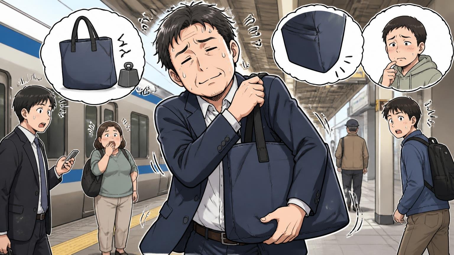 悪い評判は「重さ・マチ・若く見える」の3つ　駅のホームで重いトートバッグを持ち直す場面　40代男性1人が肩をすくめて苦笑い