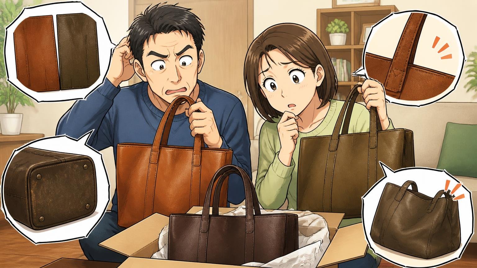 気になる評判は「色の個体差」「底の擦れ」「持ち手」「型崩れ」、自宅のリビングで届いた革トートの色を見比べ首をかしげる40代夫婦