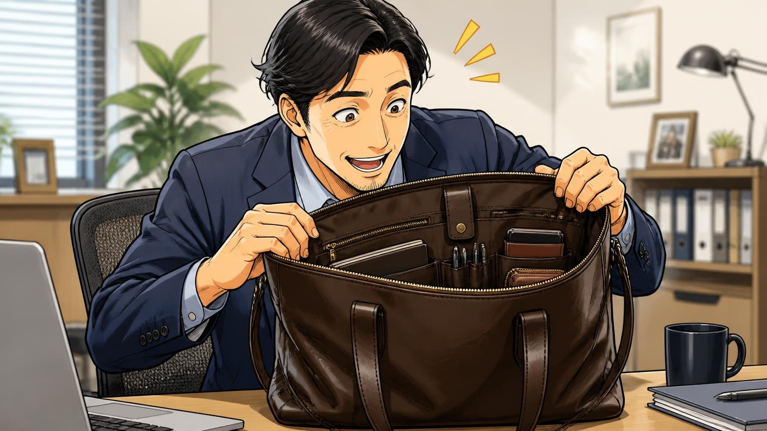 良い口コミで多いのは「ポケットの多さ・革の手触り・ちょうどいいサイズ」 オフィスのデスクで革のトートのポケットを開いて喜ぶ40代男性1人の場面
