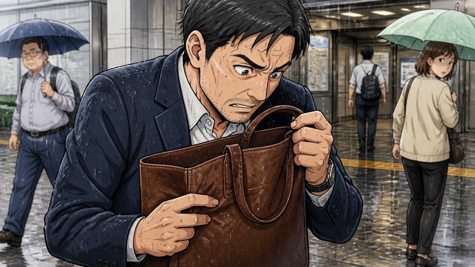 気になる評判は「PC収納」「雨の日」「価格に見合うか」/雨の駅前で革のトートを抱え込み、中身を心配して覗き込む40代男性1人