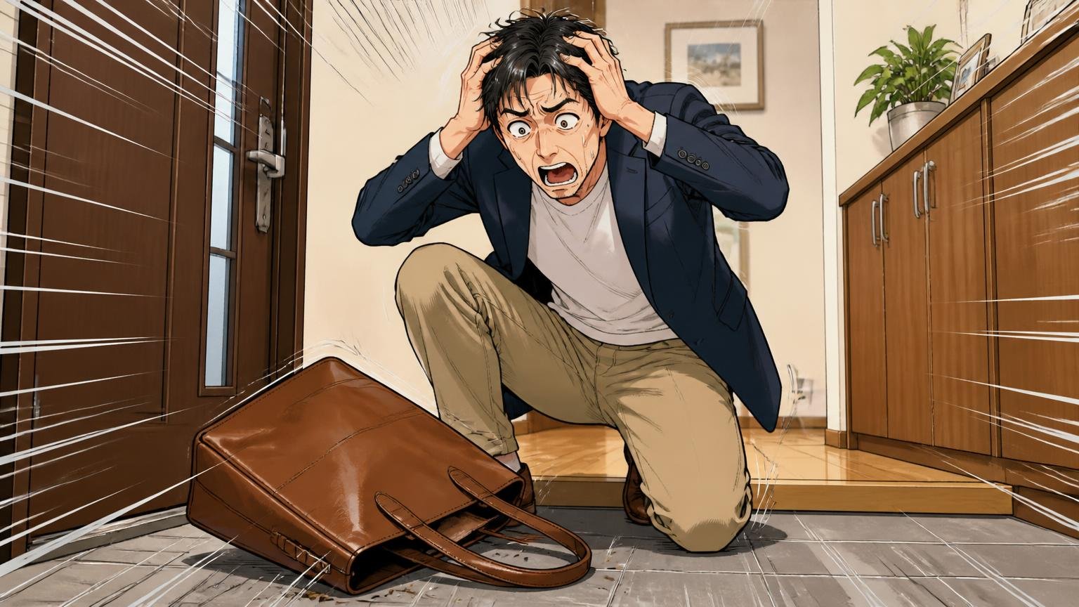 悪い口コミで多いのは「自立しない・キズ・雨・肩からずり落ちる」　自宅の玄関で床に置いた革のトートが倒れて驚く40代男性1人が頭を抱える場面