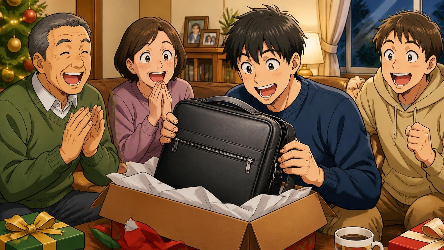 良い評判②就職祝いやクリスマスの贈り物で喜ばれる 夜のリビングで若い男性が家族からのバッグの箱を開けて喜ぶ場面