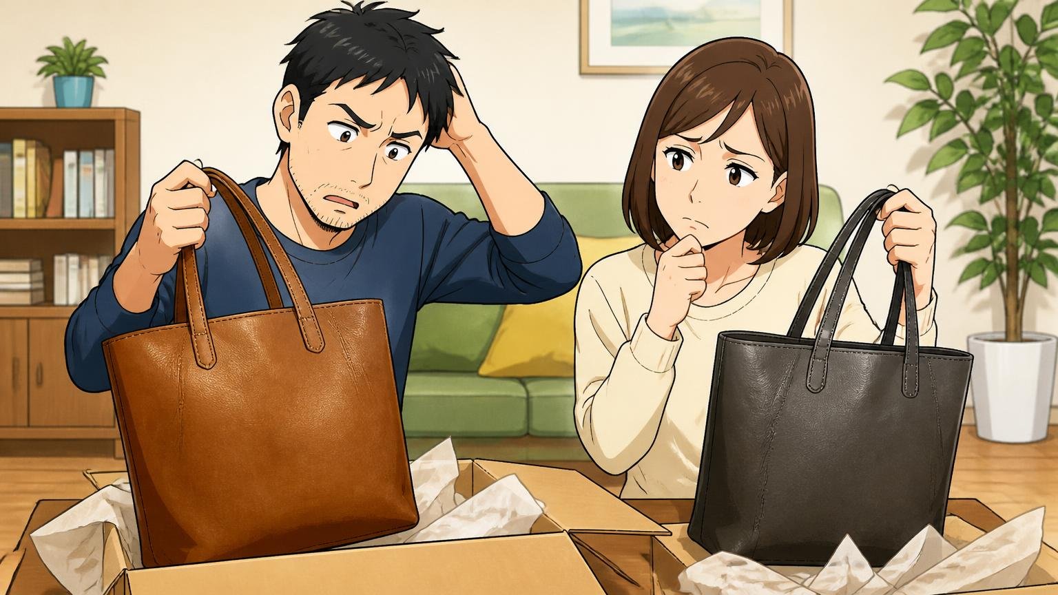悪い評判の傾向は「色味・持ち手の長さ・シワ・生産国」自宅のリビングで届いた革トートの色を見比べて首をかしげる夫婦2人