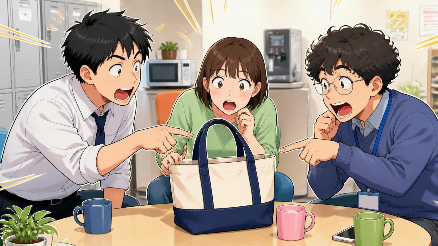 口コミから見えた良い点・気になる点の早見表 会社の休憩スペースで同僚3人がトートバッグを囲んで指さし議論する場面